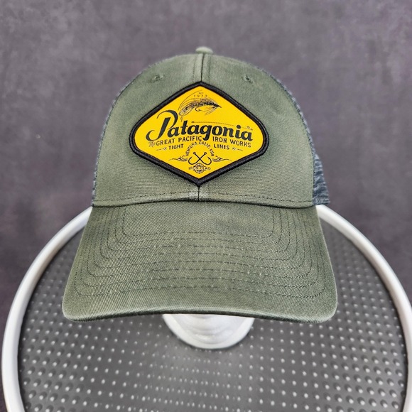 Patagonia Hat Cap Snap Back Green Mesh Trucker Patch Fish Logo Mens One Size